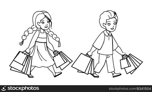 shopping kid line pencil drawing vector. girl child, happy store, shop family, little childhood, cute casual, female buy shopping kid character. people Illustration. shopping kid vector