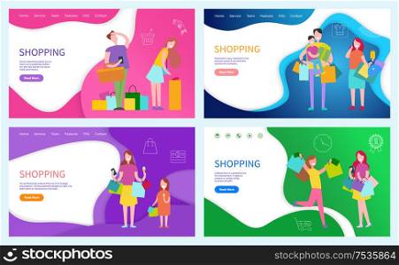 Shopping ladies, family of shoppers posters set with text sample vector. Customers with purchased products and gift for holidays. Presents packages. Shopping Ladies, Family of Shoppers Posters Set