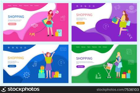 Shopping ladies, shoppers with purchases walking dogs vector. Shoe shop in thoughts of lady, presents bags, packages with bought products from store. Shopping Ladies, Shoppers with Purchases Walking
