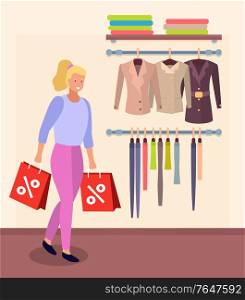 Shopping lady carrying bags with purchase. Female character looking at fashionable clothes on hangers. Display with clothing for women. Blonde girl using discounts and sale at store. Vector in flat. Sale and Discounts at Boutique for Women Vector