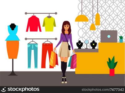 Shopping lady with bags walking from store vector. Girl in shop with clothes and accessories, hangers and mannequin with dress, trousers and sweater. Shopping Lady with Bags Walking from Store Vector