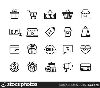 Shopping line icons. Online store and e-commerce symbols, mobile shopping and digital marketing. Vector illustrated outlines labels shop bag, basket and gift set store mobile pictogram. Shopping line icons. Online store and e-commerce symbols, mobile shopping and digital marketing. Vector shop bag, basket and gift set