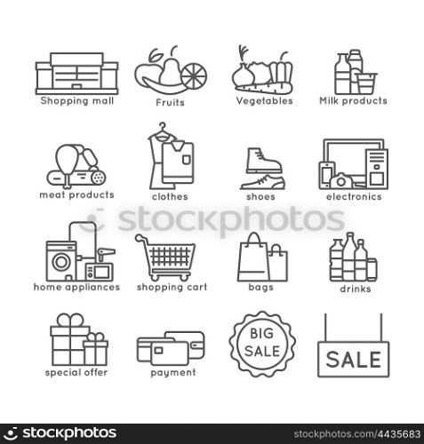 Shopping line set. Shopping flat line icons set with sale offer and payment symbols isolated vector illustration