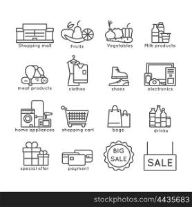 Shopping line set. Shopping flat line icons set with sale offer and payment symbols isolated vector illustration