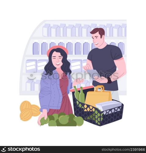 Shopping list isolated cartoon vector illustrations. Young couple buying food in the supermarket and reading shopping list, essentials ingredients for purchase in a grocery vector cartoon.. Shopping list isolated cartoon vector illustrations.