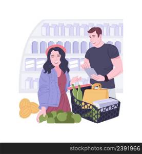 Shopping list isolated cartoon vector illustrations. Young couple buying food in the supermarket and reading shopping list, essentials ingredients for purchase in a grocery vector cartoon.. Shopping list isolated cartoon vector illustrations.