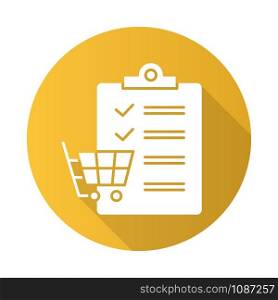 Shopping list yellow flat design long shadow glyph icon. Planning purchases in store. Adding products to trolley. Merchandise and consumerism. Checklist writing. Vector silhouette illustration