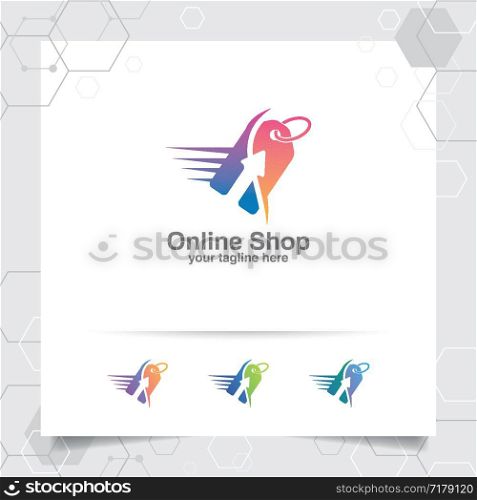 Shopping logo design vector concept of price tag icon and arrow symbol for online shop, marketplace, e-commerce, and online store.