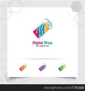 Shopping logo design vector concept of price tag icon and digital technology symbol for online shop, marketplace, e-commerce, and online store.