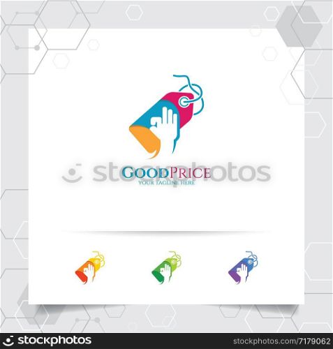 Shopping logo design vector concept of price tag icon and good hand symbol for online shop, marketplace, e-commerce, and online store.