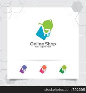 Shopping logo design vector concept of price tag icon and shopping cart symbol for online shop, marketplace, e-commerce, and online store.