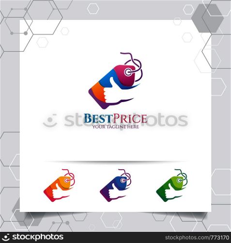 Shopping logo design vector concept of price tag icon and thumbs up symbol for online shop, marketplace, e-commerce, and online store.
