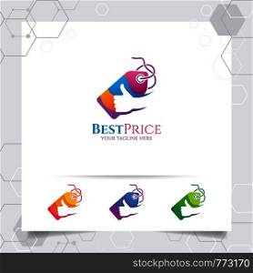Shopping logo design vector concept of price tag icon and thumbs up symbol for online shop, marketplace, e-commerce, and online store.