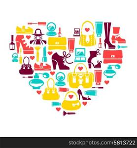 Shopping love - heart with set of vector fashion women?s icons