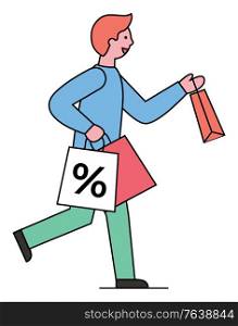 Shopping male character vector, person with bags. Man hurrying with paper bags in hands. Packets with percent sign of clearance and propositions at market. Sale and discounts, guy in flat style. Shopping Man Character Carrying Purchases in Bags