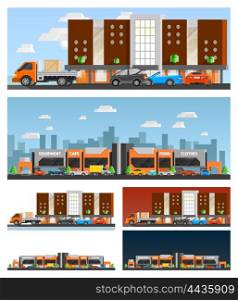 Shopping Mall And City Compositions. Shopping mall and city orthogonal compositions set with food and clothes symbols flat isolated vector illustration