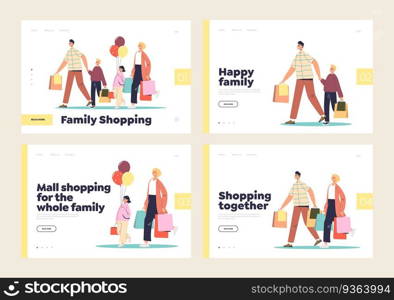 Shopping mall and retail store for the whole family concept of set of template landing pages with happy family, parents and kids holding shopping bag and purchases. Cartoon flat vector illustration. Shopping mall and retail store for the whole family concept of set of template landing pages