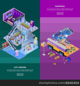 Shopping Mall Banners. Vertical shopping mall with different departments parking cafe and customers isolated isometric vector illustration