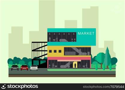 Shopping mall building.. Supermarket on the roadside. Store banner in flat style. Vector illustration.
