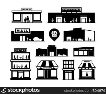 Shopping mall buildings icons. Store exteriors with people pictograms. Shop houses with shoppers vector. Monochrome building shop, store and market, supermarket exterior, retail storefronts. Shopping mall buildings icons. Store exteriors with people pictograms. Shop houses with shoppers vector symbols isolated
