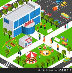 Shopping mall center isometric banner. City shopping mall building area with parking lot and playground street view isometric banner abstract vector illustration
