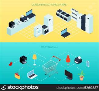 Shopping Mall Horizontal Banners. Shopping mall two horizontal banners with hand truck and household goods isometric icons vector illustration