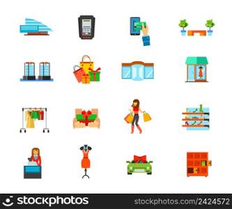 Shopping mall icon set. building Dataphone E-payment Bench Sensor gates Holiday purchase Revolving door Showcase Fashion store Free gift Woman shopping Shoe store Cashier Dress Special offer Lockers