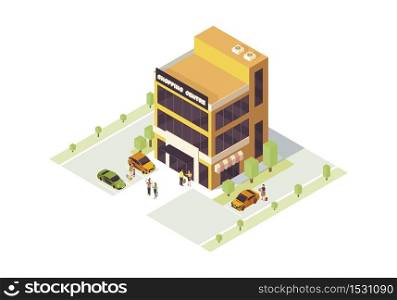 Shopping mall isometric color vector illustration. Doing purchases infographic. City shopping center building 3d concept. Commercial business. Consumerism. Webpage, mobile app design. Shopping mall isometric color vector illustration