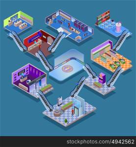 Shopping Mall Isometric Concept. Many-storeyed shopping mall with various department cinema food court and ice rink isometric concept vector illustration