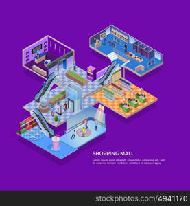 Shopping Mall Isometric Concept. One floor of shopping mall isometric concept with customers in supermarket clothing shop and skating rink on violet background vector illustration