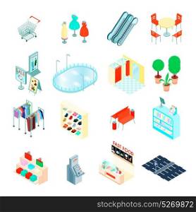 Shopping Mall Isometric Icons Set . Shopping mall elements isometric icons set with footwear clothing department fastfood and escalator isolated vector illustration