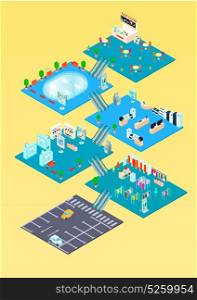Shopping Mall Isometric Infographics . Shopping mall isometric infographics template with floor plan inside interiors and parking diagram vector illustration