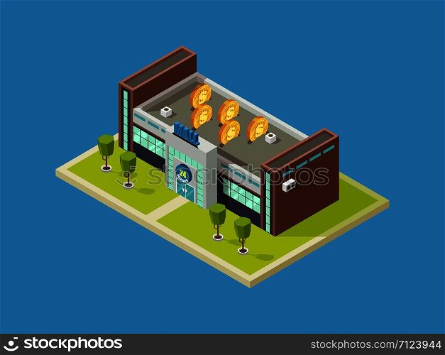 Shopping mall isometric vector design. The shopping center takes in money concept illustration. Shopping mall isometric vector design. Shopping center