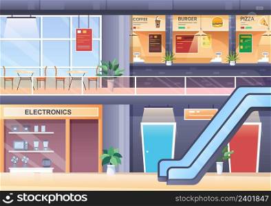 Shopping Mall Modern Background Illustration with Interior Inside, Escalator and Various Retail Store in Flat Style Design