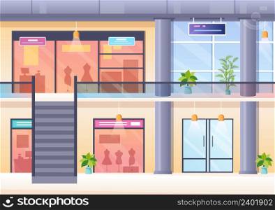 Shopping Mall Modern Background Illustration with Interior Inside, Escalator and Various Retail Store in Flat Style Design