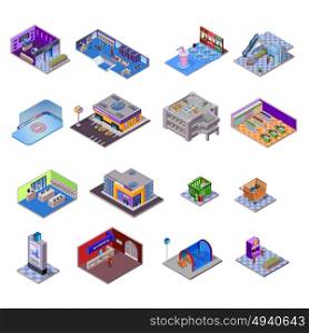Shopping Mall Objects Set. Shopping mall objects set with different departments and related elements on white background isolated isometric vector illustration