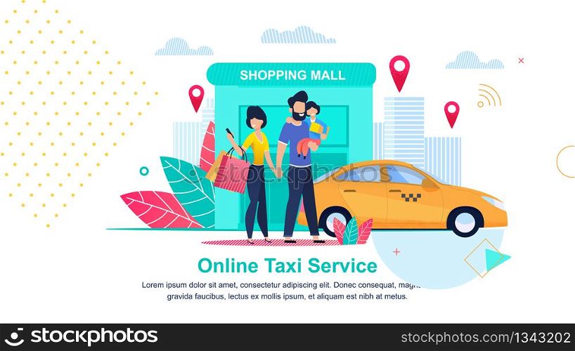 Shopping Mall. Online Taxi Service. Streets City. Man and Child waiting for Taxi at Shopping and Entertainment Complex. Family Called Service. City Taxi and Customers. Urban Street Big City.