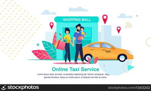 Shopping Mall. Online Taxi Service. Streets City. Man and Child waiting for Taxi at Shopping and Entertainment Complex. Family Called Service. City Taxi and Customers. Urban Street Big City.