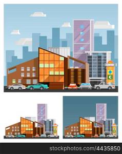 Shopping Mall Orthogonal Compositions . Shopping mall building orthogonal compositions set with signboard flat isolated vector illustration