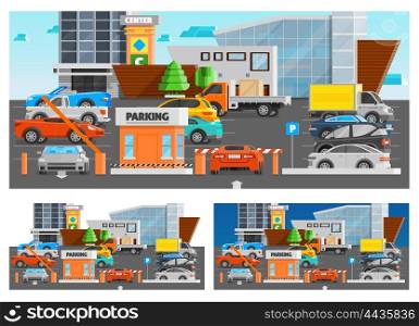 Shopping Mall Parking Compositions Set. Shopping mall parking orthogonal compositions set with car and trucks flat isolated vector illustration