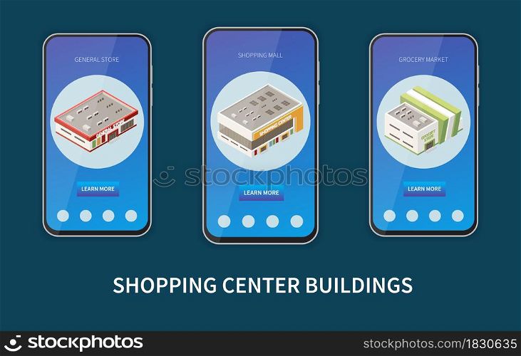 Shopping mall set with grocery market symbols isometric isolated vector illustration. Shopping Mall Set