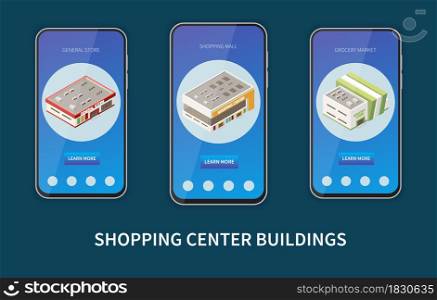 Shopping mall set with grocery market symbols isometric isolated vector illustration. Shopping Mall Set