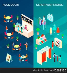 Shopping Mall Two Vertical Banners . Shopping mall two vertical banners with food court and department stores isometric design compositions vector illustration