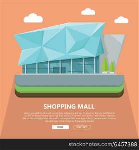 Shopping Mall Web Template in Flat Design. Shopping mall web page template with text more and contact. Flat design. Commercial building concept illustration for web design, banners. Shop, shopping center, mall, supermarket, business center