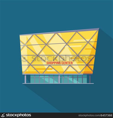 Shopping Mall Web Template in Flat Design.. Shopping mall web page template. Flat design. Commercial building concept illustration for web design, banners. Shop, shopping center, mall, supermarket, business center on township background.