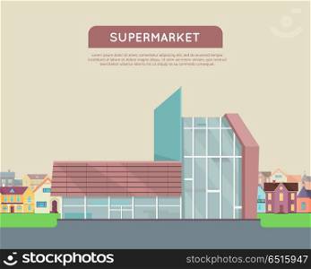 Shopping Mall Web Template in Flat Design.. Supermarket web page template. Flat design. Commercial building concept illustration for web design, banners. Shop, shopping center, mall, supermarket, business center on township background.