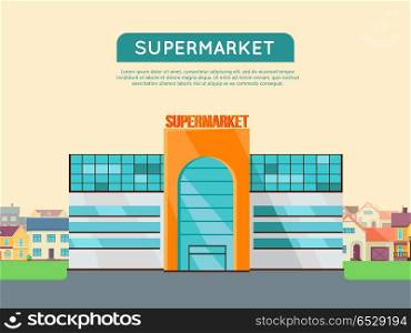 Shopping Mall Web Template in Flat Design.. Supermarket web page template. Flat design. Commercial building concept illustration for web design, banners. Shop, shopping center, mall, supermarket, business center on township background.