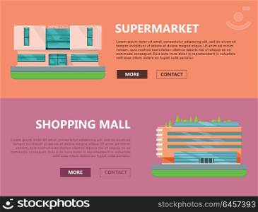 Shopping Mall Web Templates in Flat Design.. Supermarket web page horizontal templates. Flat design. Commercial building concept illustration for web design, banners. Shopping center, shopping mall, business center on color background.