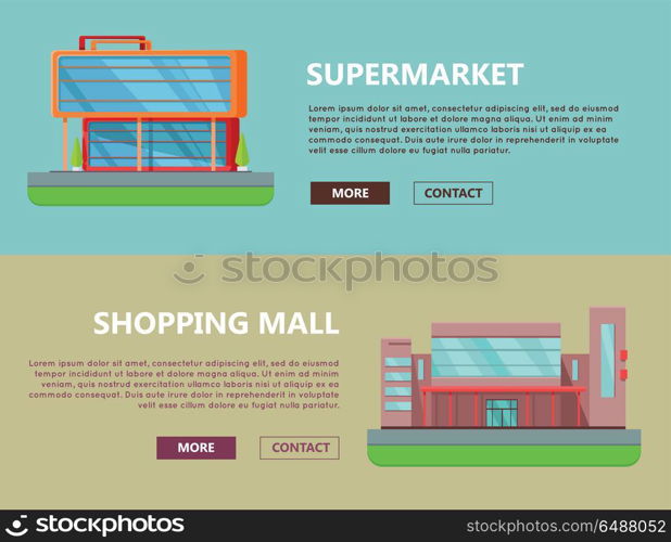 Shopping Mall Web Templates in Flat Design.. Supermarket web page horizontal templates. Flat design. Commercial building concept illustration for web design, banners. Shopping center, shopping mall, business center on color background.