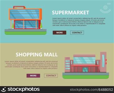 Shopping Mall Web Templates in Flat Design.. Supermarket web page horizontal templates. Flat design. Commercial building concept illustration for web design, banners. Shopping center, shopping mall, business center on color background.